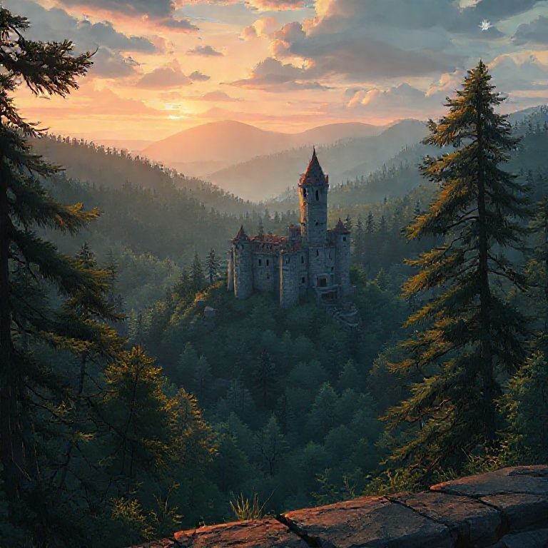 una vista desde un risco, en donde a lo lejos se divisa bosques  y justo en el medio hay un castillo gotico.  estilo anime, efecto crepuscular. detalles visuales. enmrcado