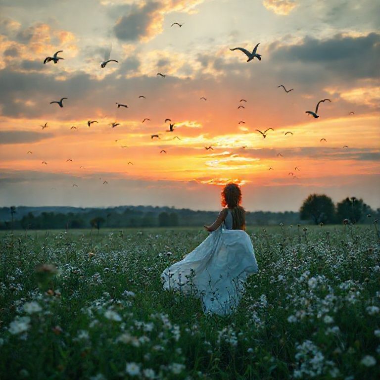 Un atardecer en el campo con pájaros volando y una mujer con vestido blanco largo caminado por las flores silvestres 