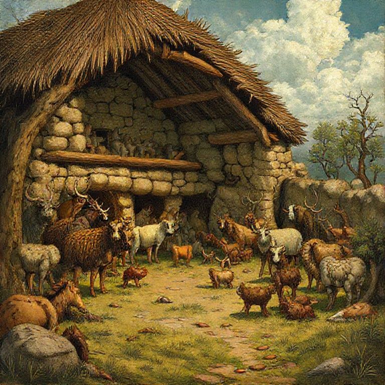 Humanoide, en un campo basto, lleno de animales terrestres, estilo pintura medieval 